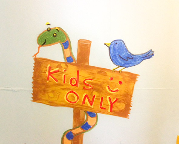 Thumbnail Image of a painted sign reading "kids only" with a friendly snake and bird