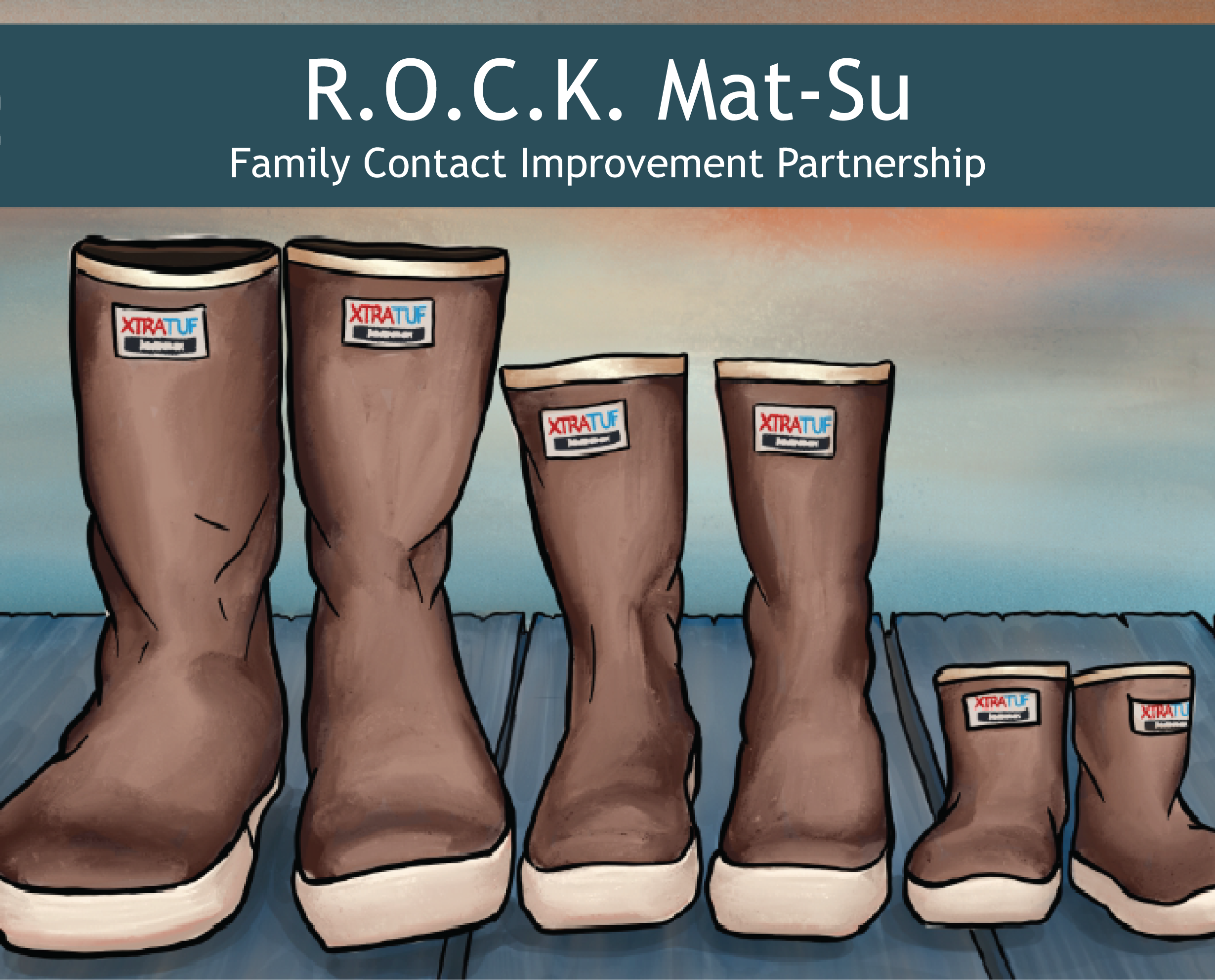 R.O.C.K. Mat-Su Family Contact Improvement Partnership three pairs of boots of descending size 