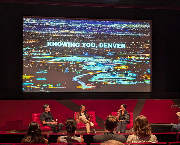Left to right: acclaimed multidisciplinary artist Steven J. Yazzie, Denver cinematographer and filmmaker Gabriel Fermin and Associate Professor Ramona Beltrán