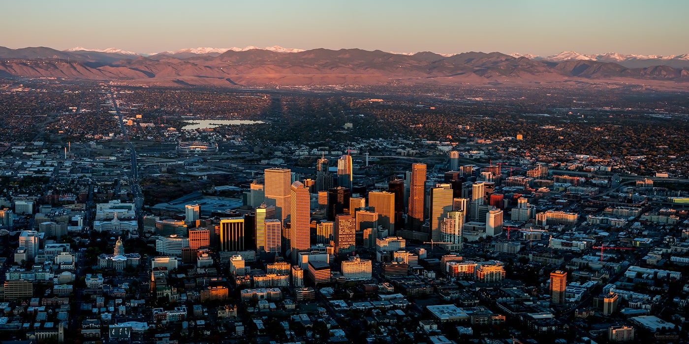 aerial view of denver at sunrise