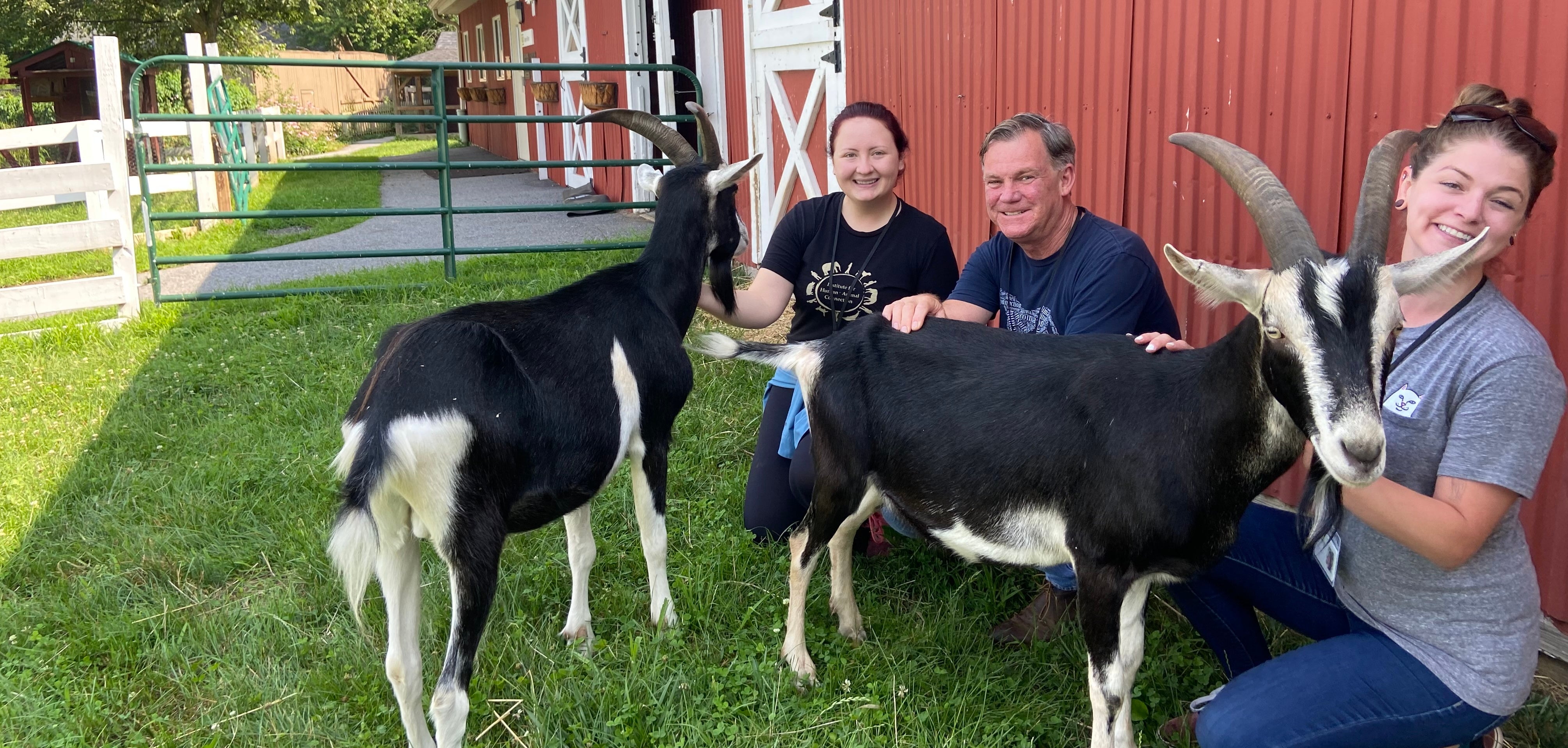 three people with two goats