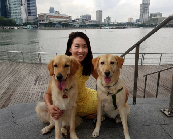 Maureen Huang, a woman with long dark hair, poses with her dogs near an urban harbor