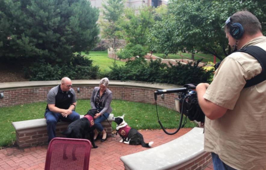 Nina Ekholm Fry and Drew Webster are interviewed by CBS with two therapy dogs
