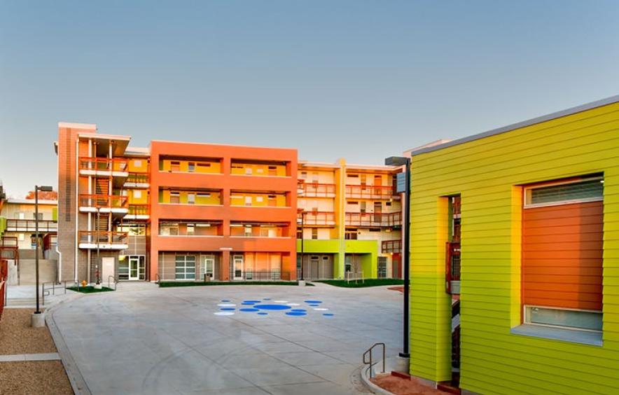 Apartment homes in the courtyard at South Lowell Apartments