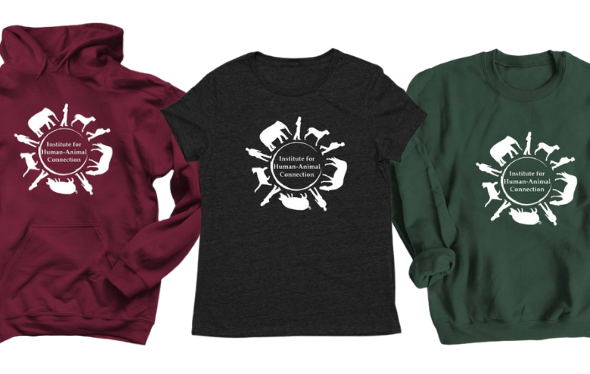 maroon sweatshirt, gray t-shirt, and green crew neck sweatshirt featuring the Institute for Human-Animal Connection circle logo