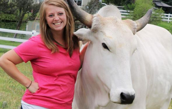 Maggie lantzy with farm animal, cow