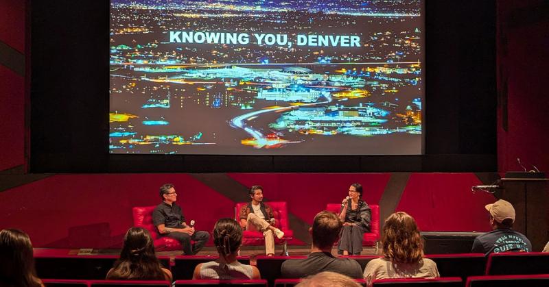 Left to right: acclaimed multidisciplinary artist Steven J. Yazzie, Denver cinematographer and filmmaker Gabriel Fermin and Associate Professor Ramona Beltrán