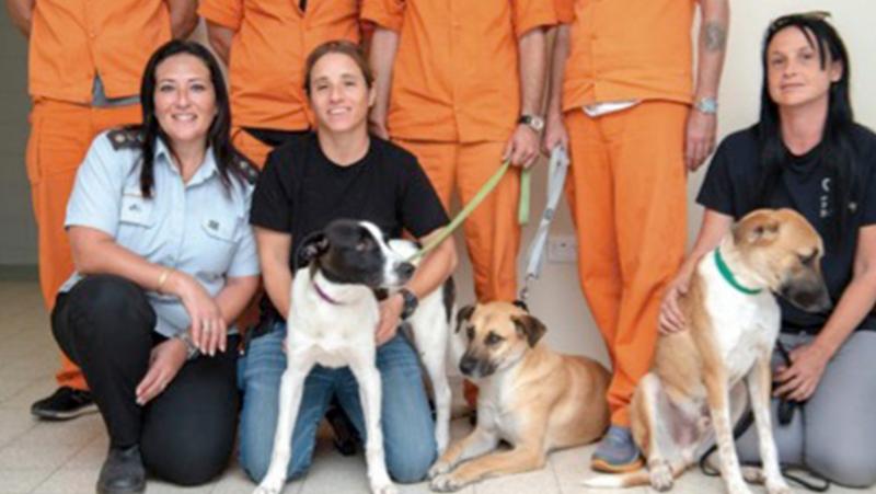 Group of prison staff members with dogs kneeling in front of  women inmates.
