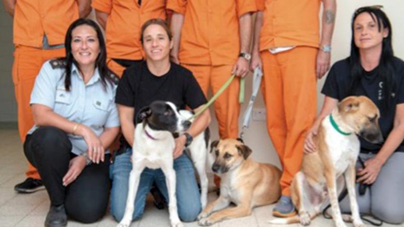 Group of prison staff members with dogs kneeling in front of women inmates.