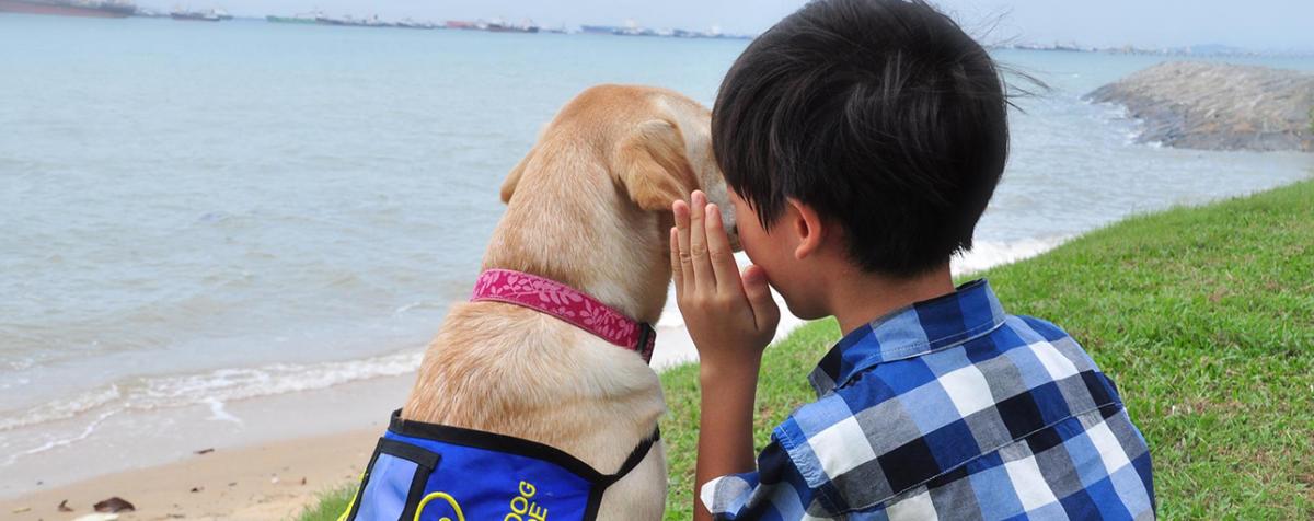 Boy telling dog a secret