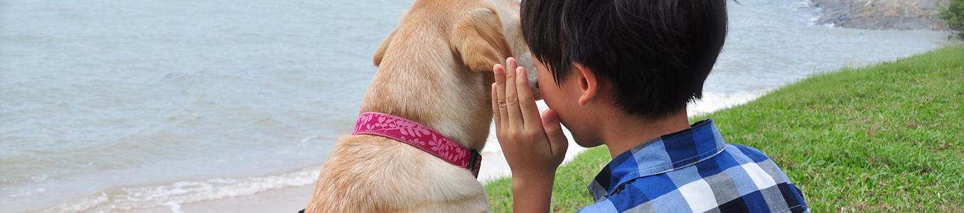 little boy whispering in dog's ear