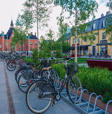 cobblestone street with bikes ​