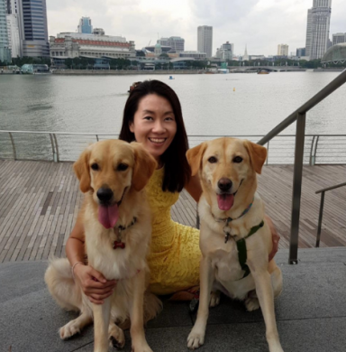 Maureen Huang, a woman with long dark hair, poses with her dogs near an urban harbor