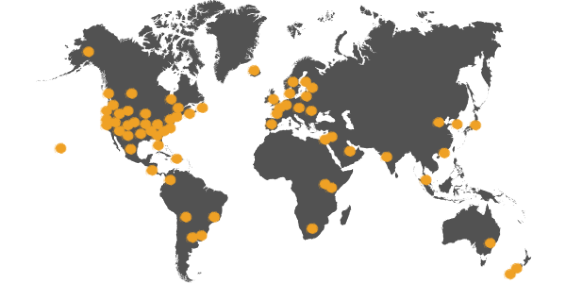 world map with dots representing where students are from